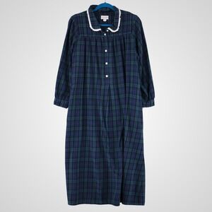 Lanz of Salzburg Flannel Nightgown Womens Small Blue Green Plaid Lace Victorian